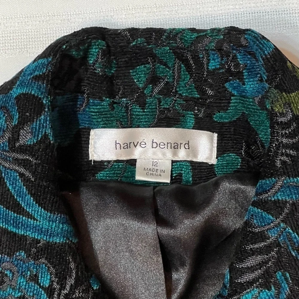 Harvé Benard Black Teal‎ Velvet Damask Open Front Jacket Blazer Sz 12